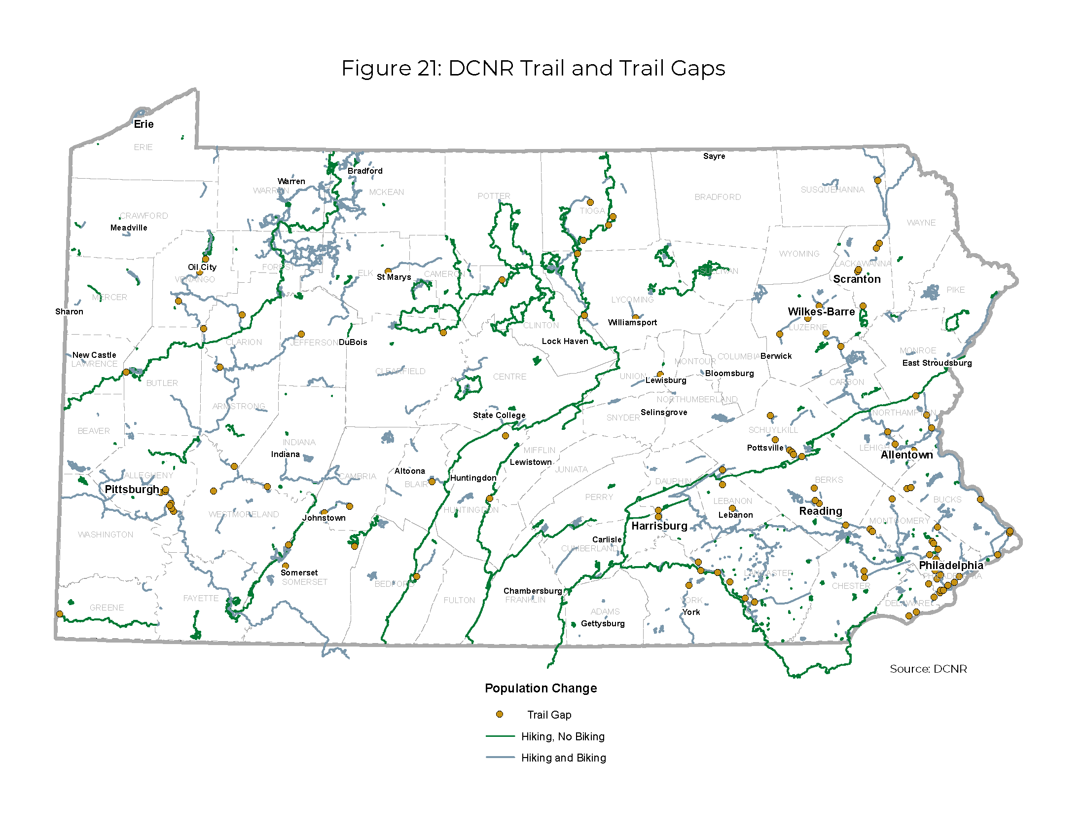 Map of Pennsylvania illustrating DCNR Trails with hiking and no biking, hiking and biking allowed and trail gaps.